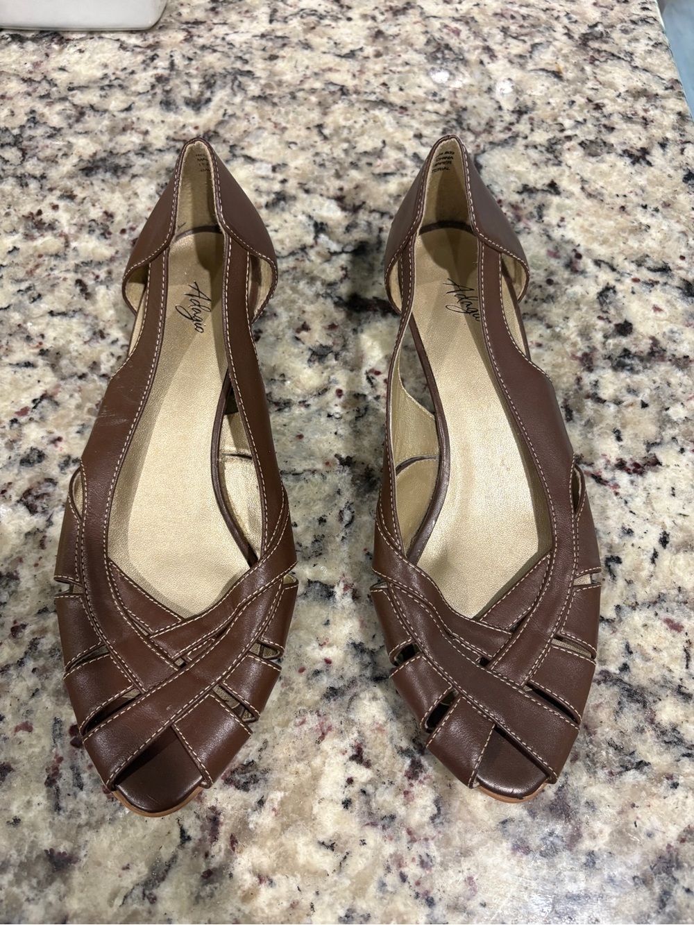 Women's Brown Woven Leather Peep-Toe Flats